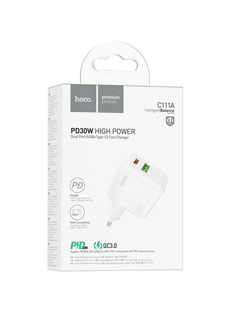 HOCO Incarcator retea, Dual Ports, USB-A, USB-C, PD 30W, QC3.0, WHITE - mag-genius-accesorii