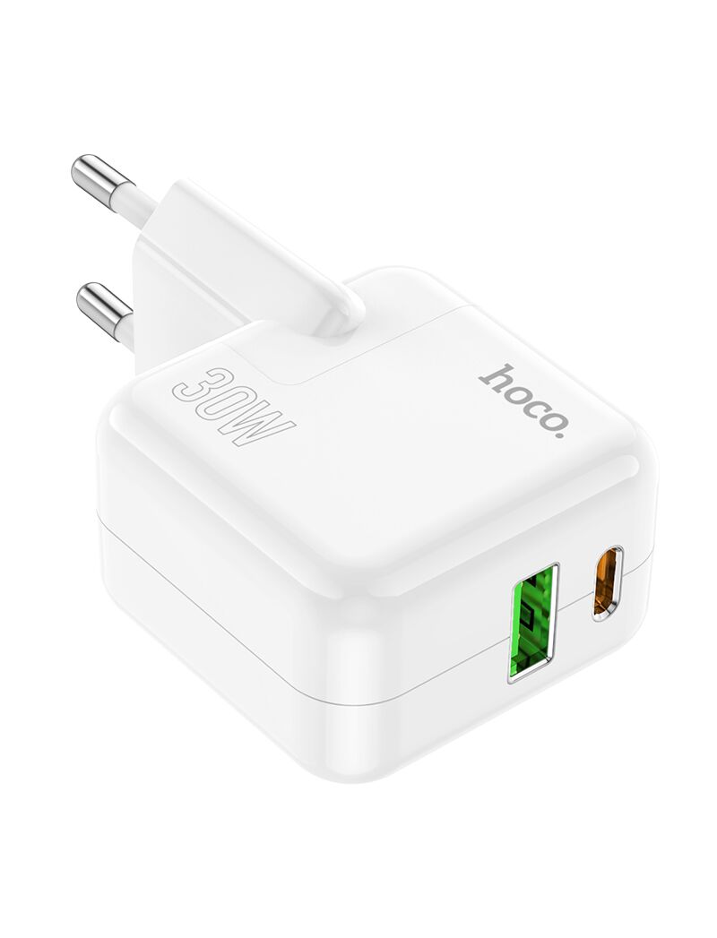 HOCO Incarcator retea, Dual Ports, USB-A, USB-C, PD 30W, QC3.0, WHITE - mag-genius-accesorii