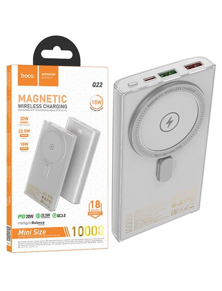 Hoco (Q22) Baterie externa, Wireless, 1xUSB-C PD, 2xUSB-A, QC 3.0, 5V, 3A, Display LED, Magnet, 10.000mAh, GRAY