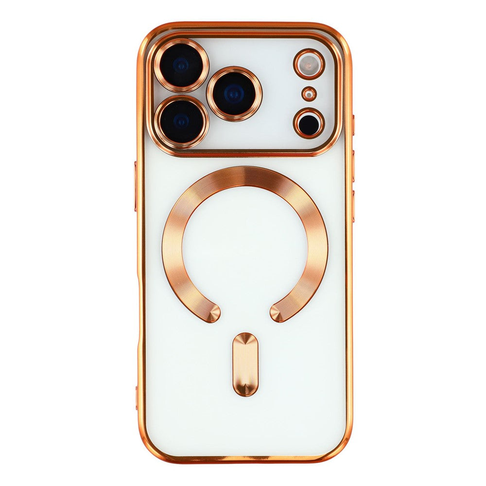 Husa iPhone 17 Pro Max, cu MagSafe, ElectroPlated, tranparenta, rama ORANGE