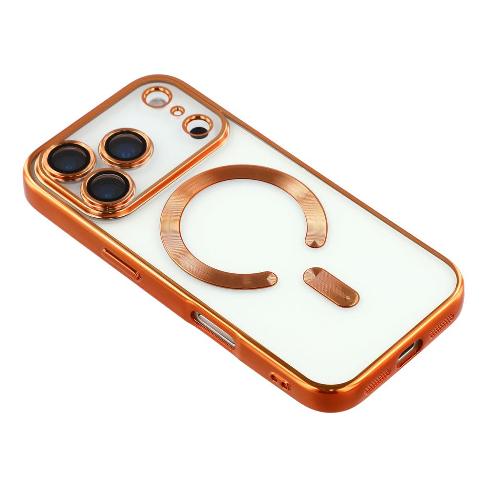Husa iPhone 17 Pro Max, cu MagSafe, ElectroPlated, tranparenta, rama ORANGE