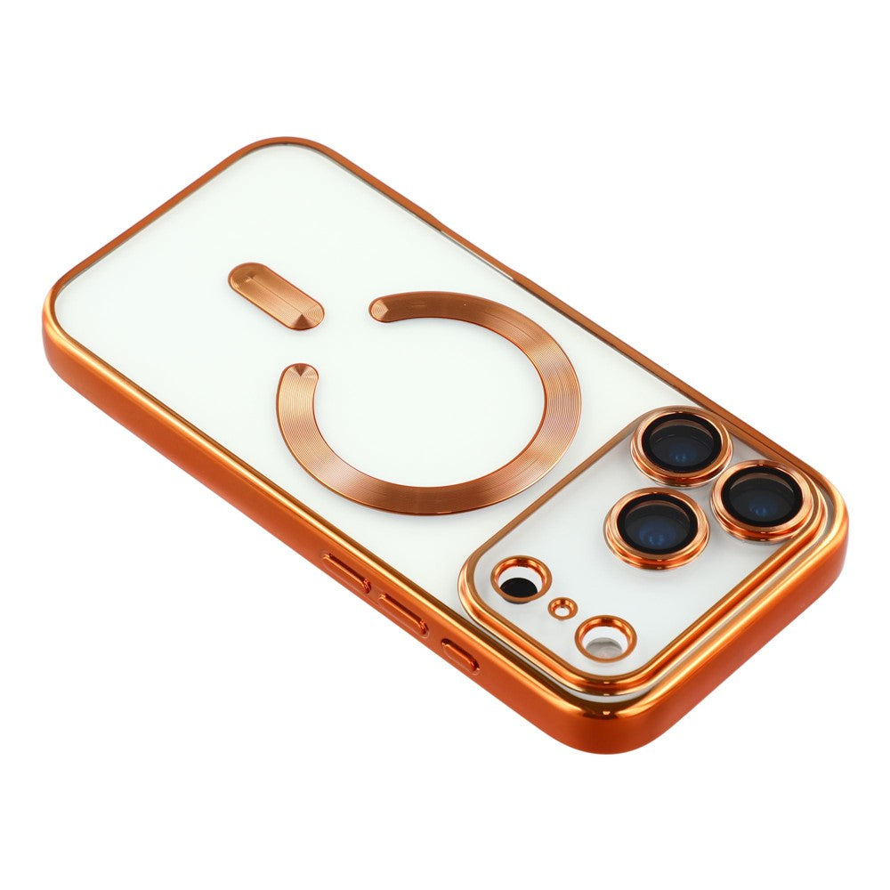 Husa iPhone 17 Pro Max, cu MagSafe, ElectroPlated, tranparenta, rama ORANGE
