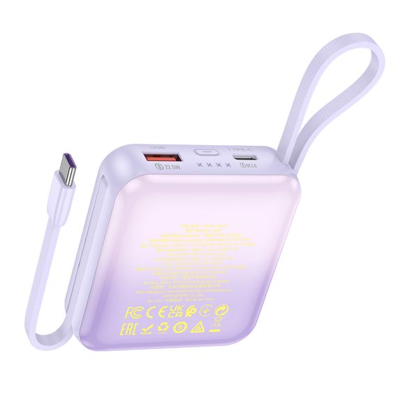 Baterie Externa, PowerBank cu cabluri UBS-A/USB-C/Lightning, 22.5W+PD20W, 10.000mAh, PURPLE