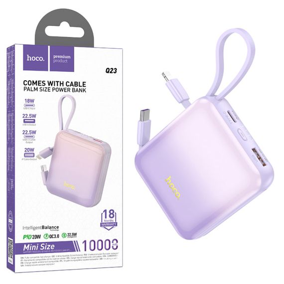 Baterie Externa, PowerBank cu cabluri UBS-A/USB-C/Lightning, 22.5W+PD20W, 10.000mAh, PURPLE