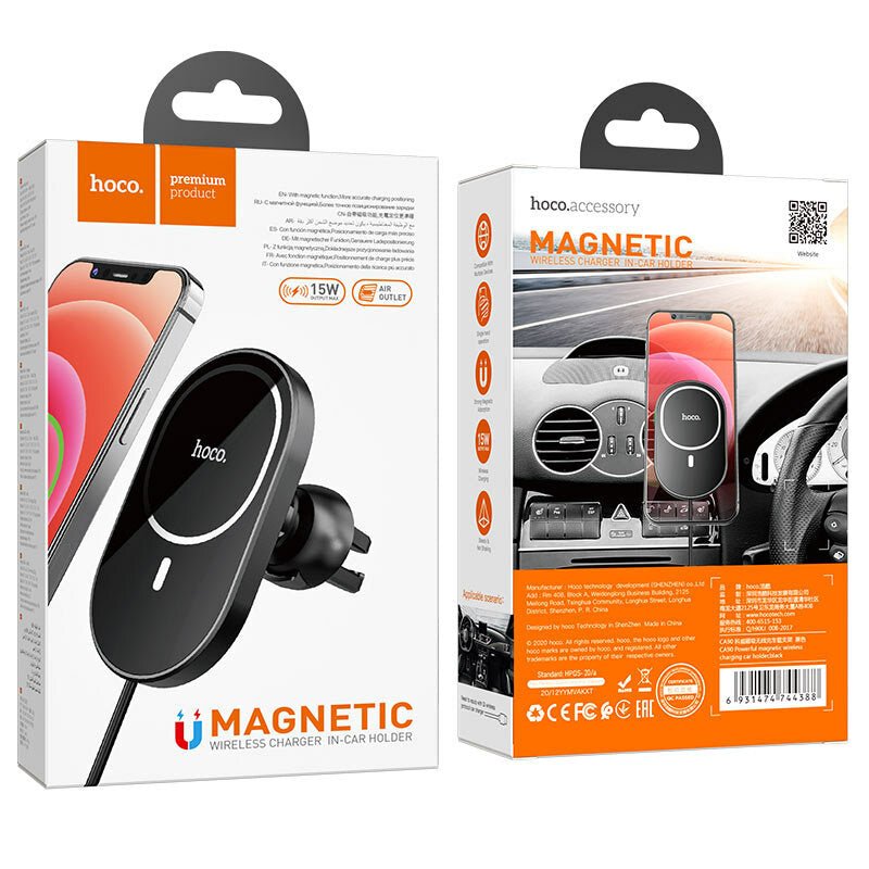 Suport telefon auto Hoco CA90, incarcare MagSafe,15 W Fast Charge grila ventilatie, negru - mag-genius-accesorii