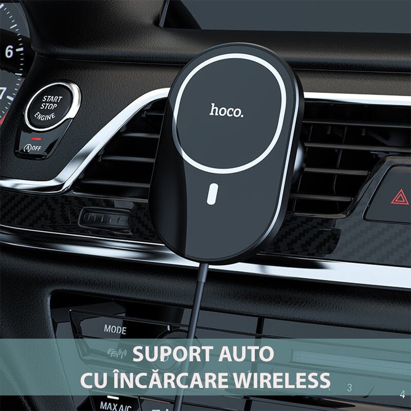 Suport telefon auto Hoco CA90, incarcare MagSafe,15 W Fast Charge grila ventilatie, negru - mag-genius-accesorii