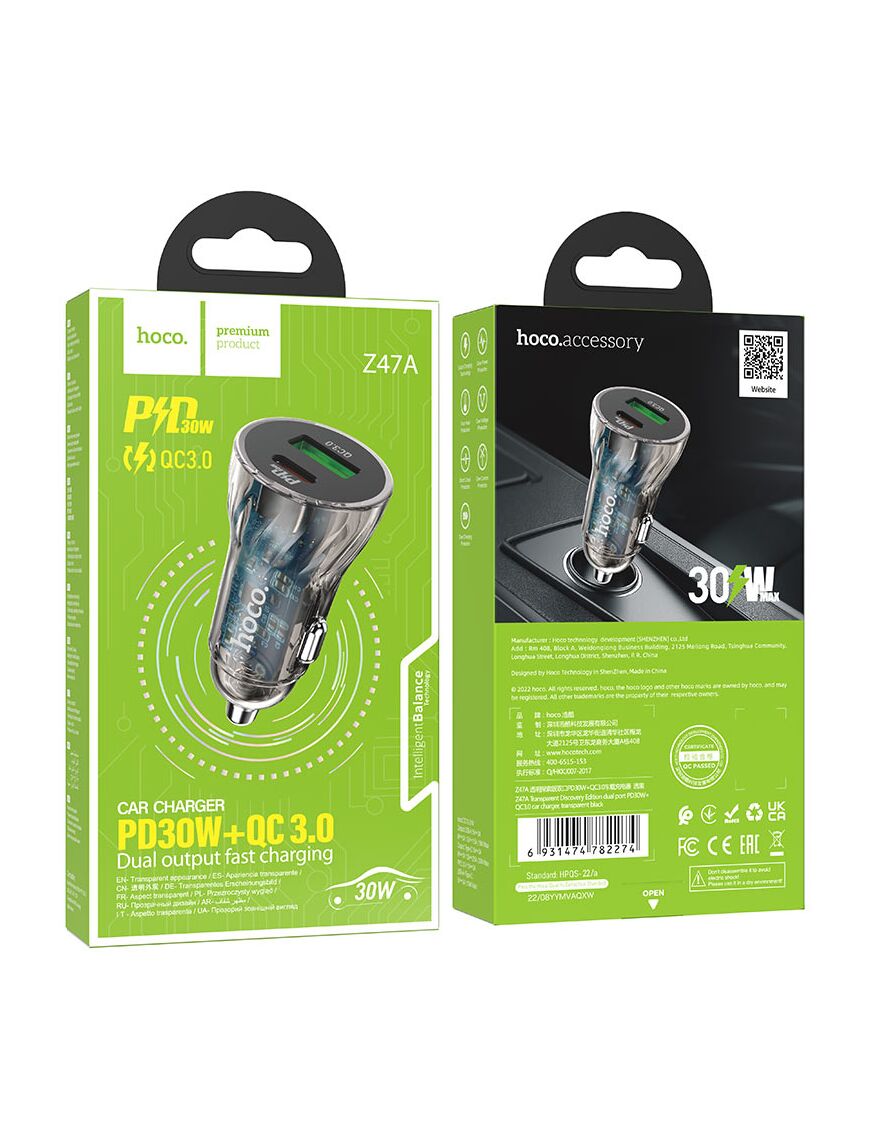 Incarcator auto, USB-C PD 30W, USB-A 18W | BLACK Transparent - mag-genius-accesorii