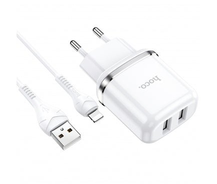 Incarcator Cu Cablu Lightning HOCO N4, 12W, 2.4A, 2 X USB-A, Alb - mag-genius-accesorii