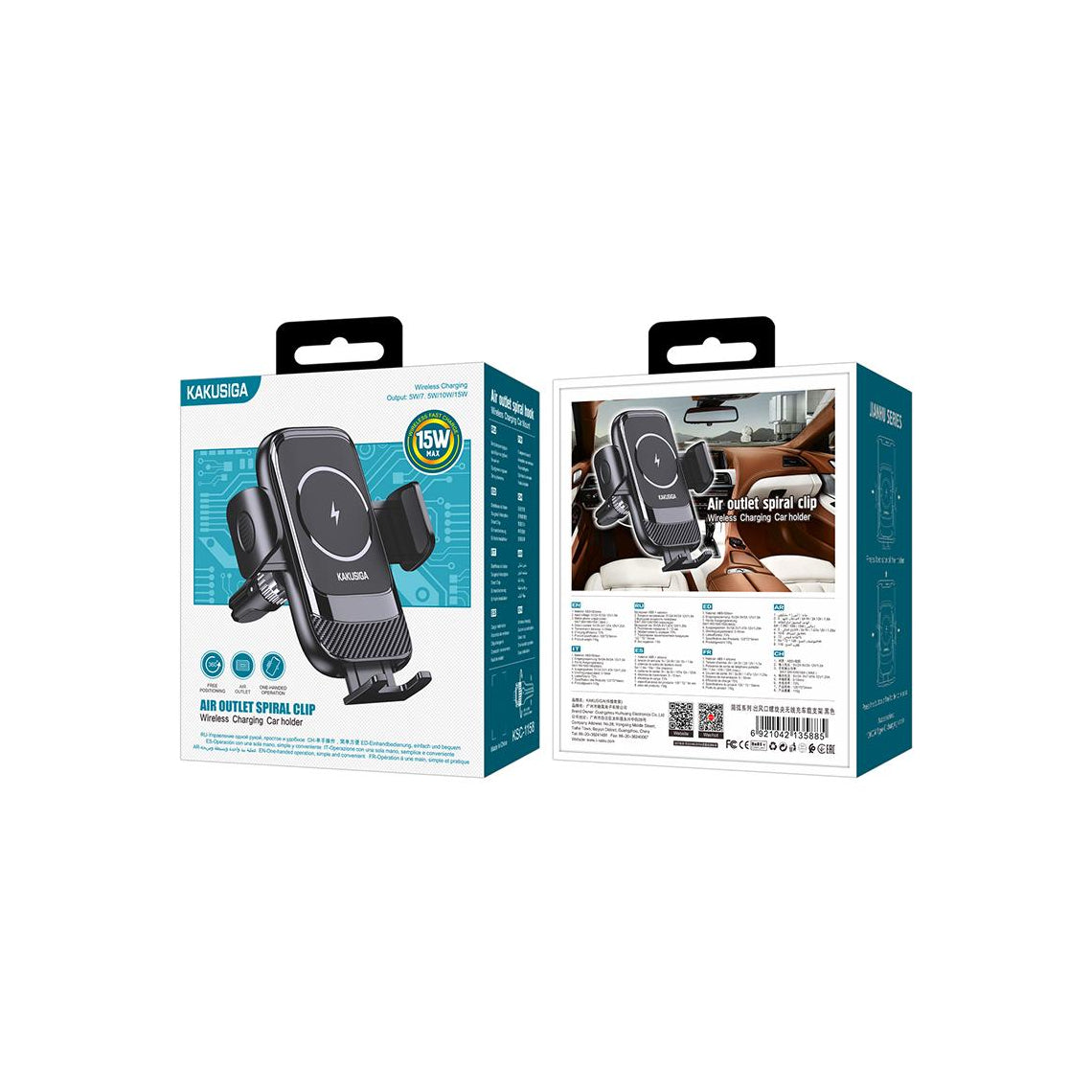 Kaku- Suport Auto,incarcare Wireless, 15W, fixare dubla, montaj  Ventilatie, cleme laterale, 360°, AutoGravity | BLACK